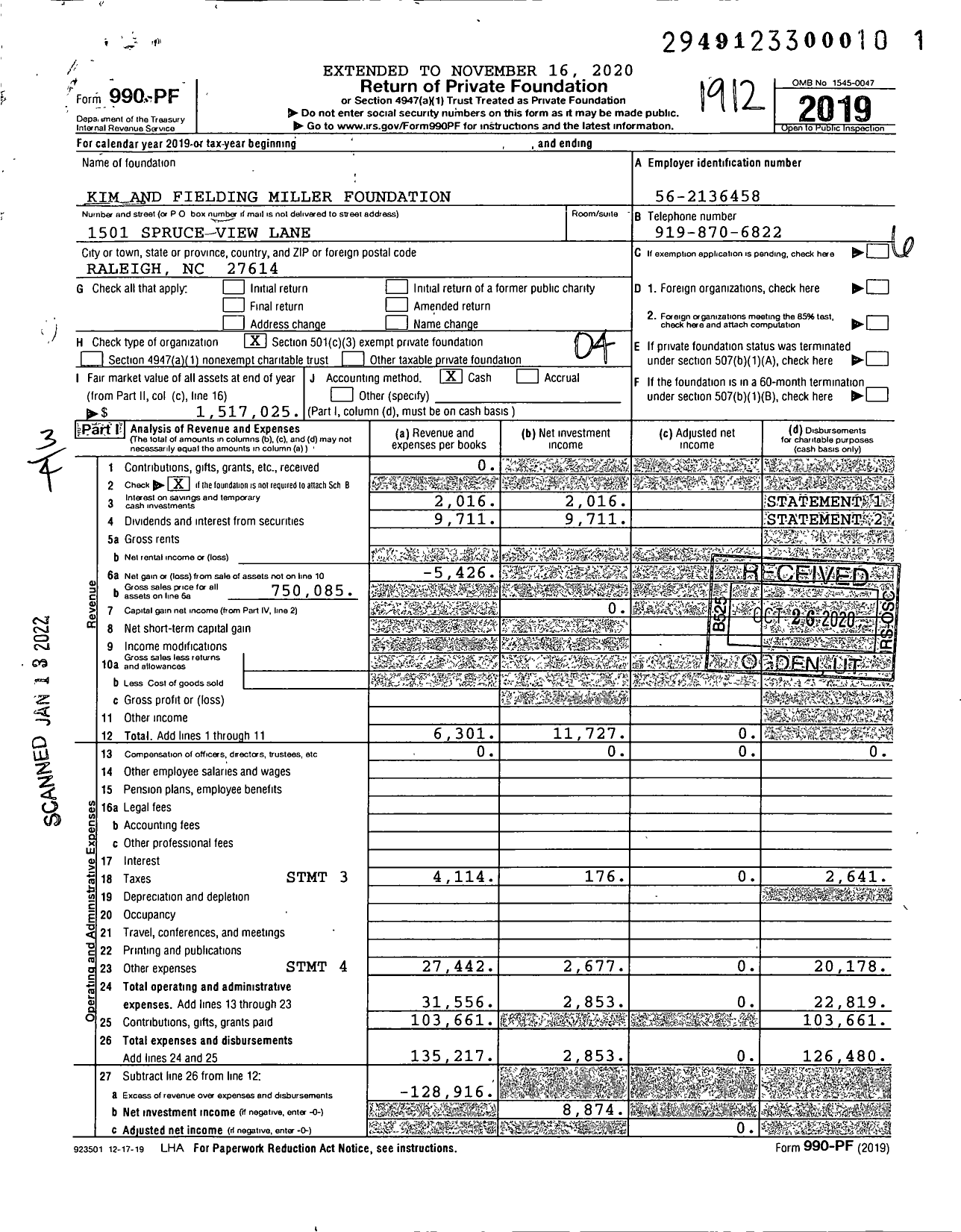 Image of first page of 2019 Form 990PF for Kim and Fielding Miller Foundation