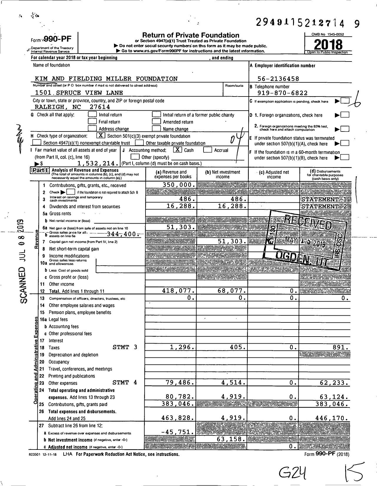 Image of first page of 2018 Form 990PF for Kim and Fielding Miller Foundation