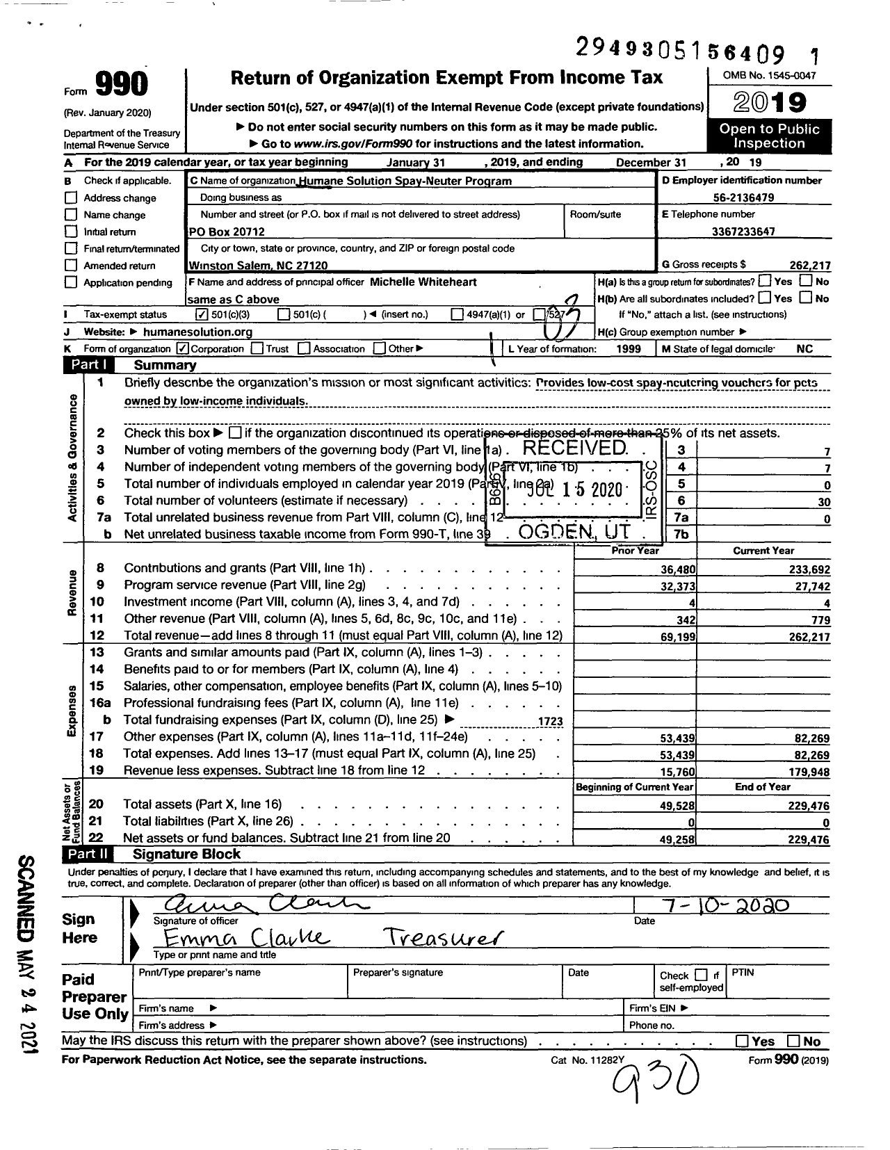Image of first page of 2019 Form 990 for Humane Solution Spay-Neuter Program
