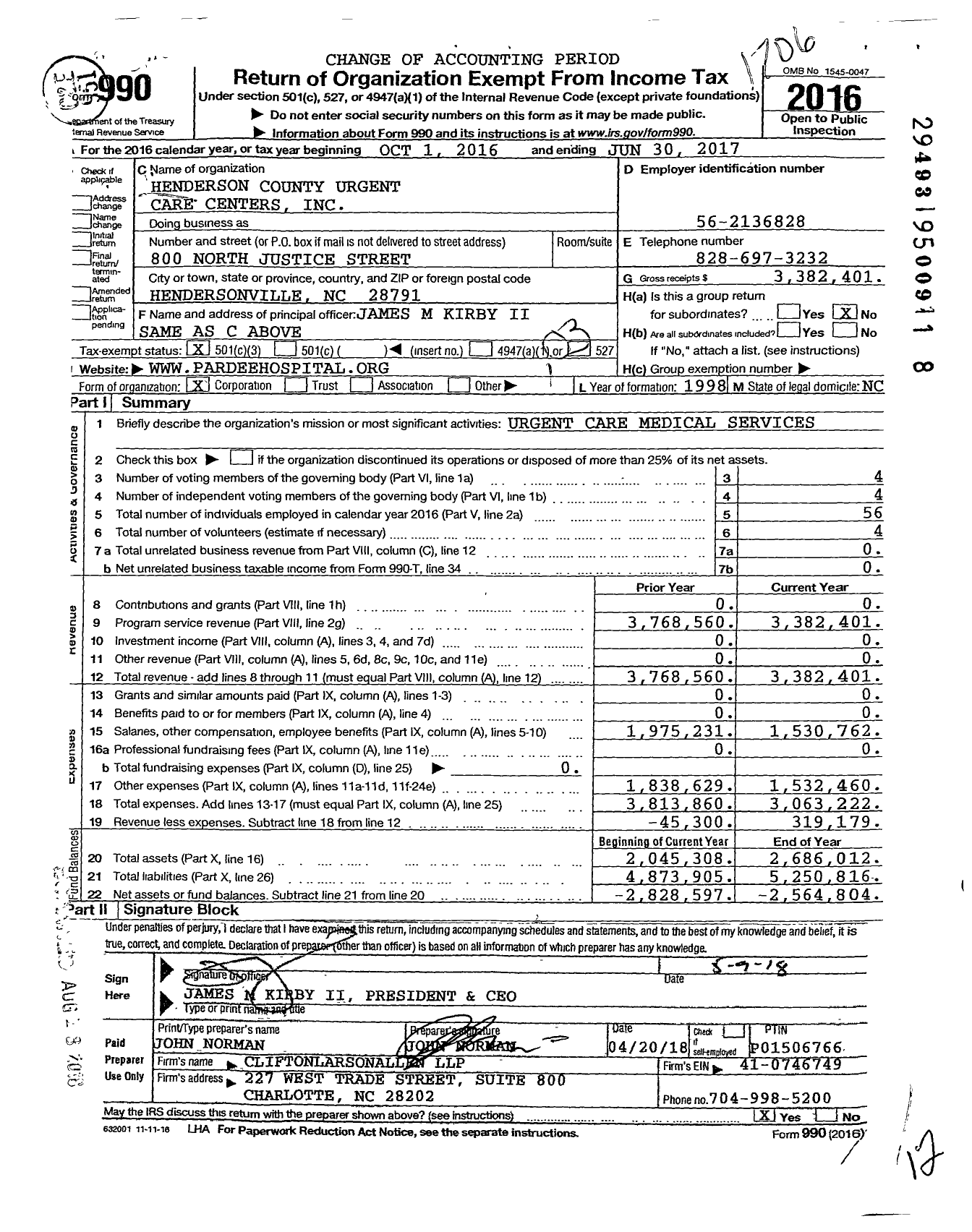 Image of first page of 2016 Form 990 for Henderson County Urgent Care Centers