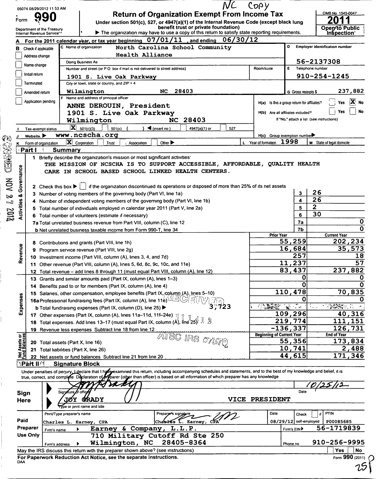 Image of first page of 2011 Form 990 for North Carolina School-Based Health Alliance