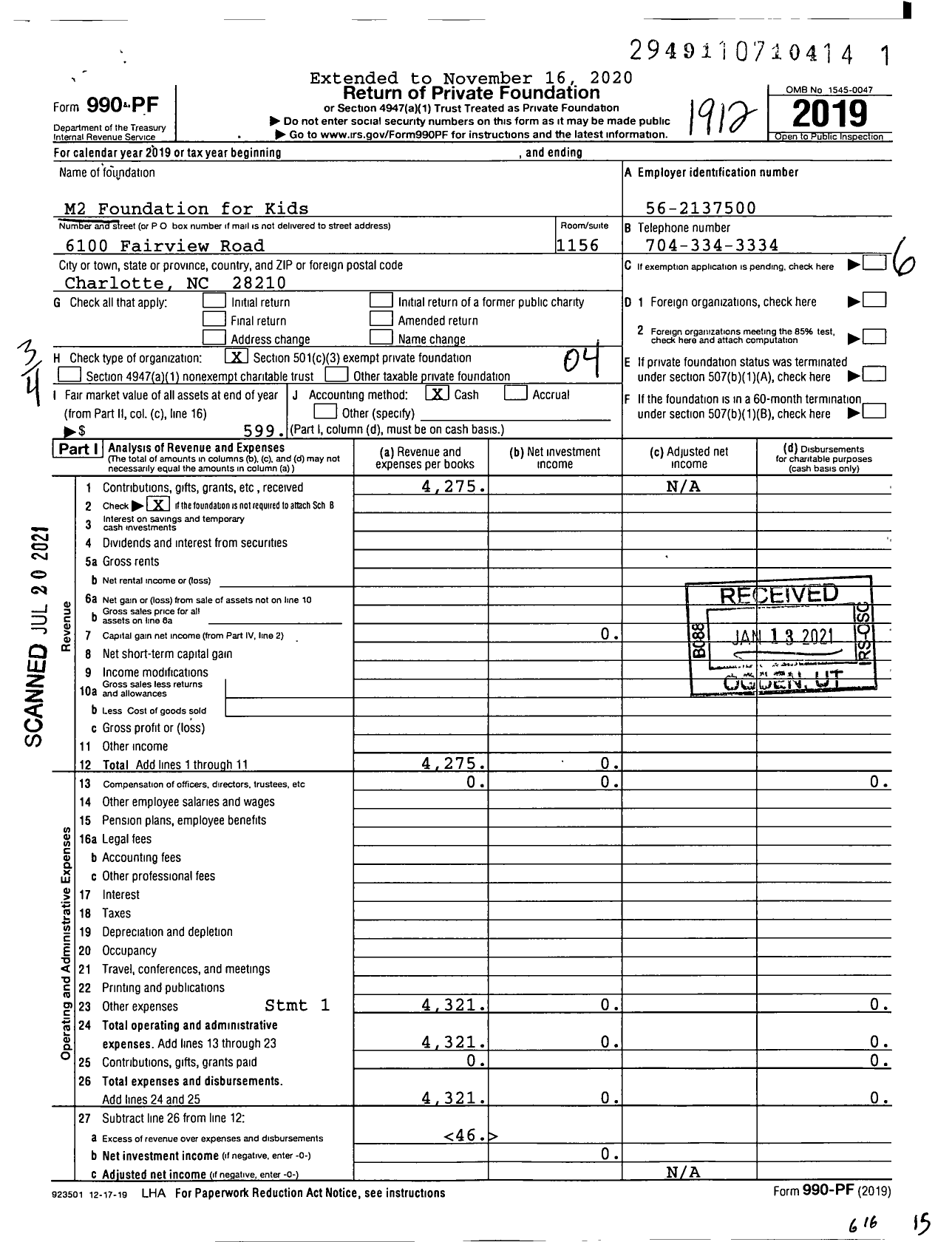 Image of first page of 2019 Form 990PF for M2 Foundation for Kids