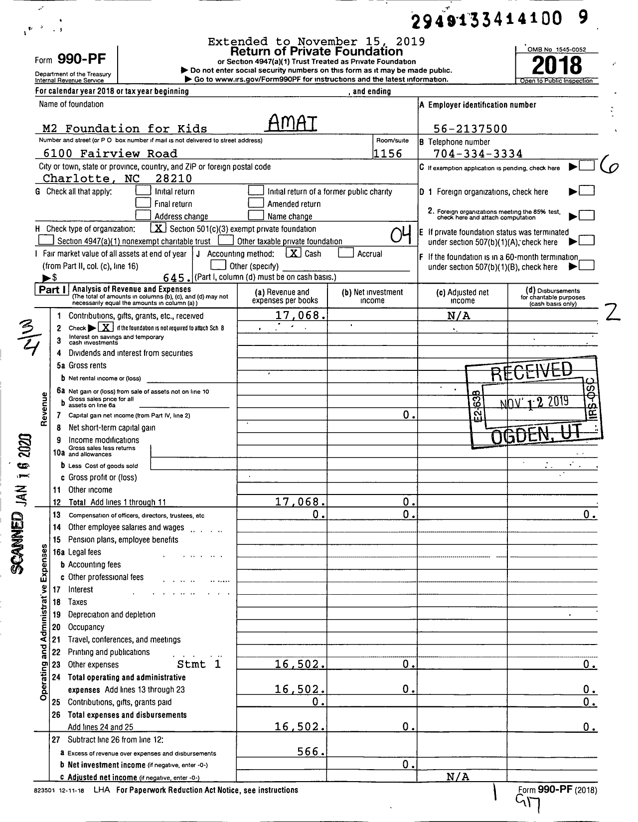 Image of first page of 2018 Form 990PF for M2 Foundation for Kids