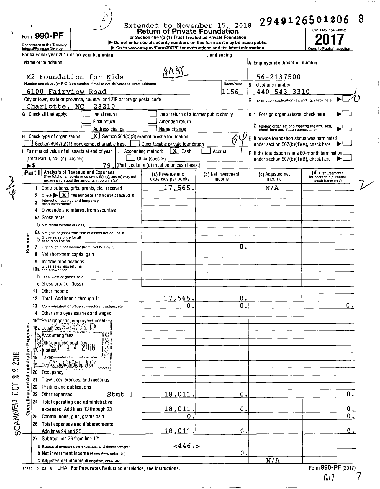 Image of first page of 2017 Form 990PF for M2 Foundation for Kids