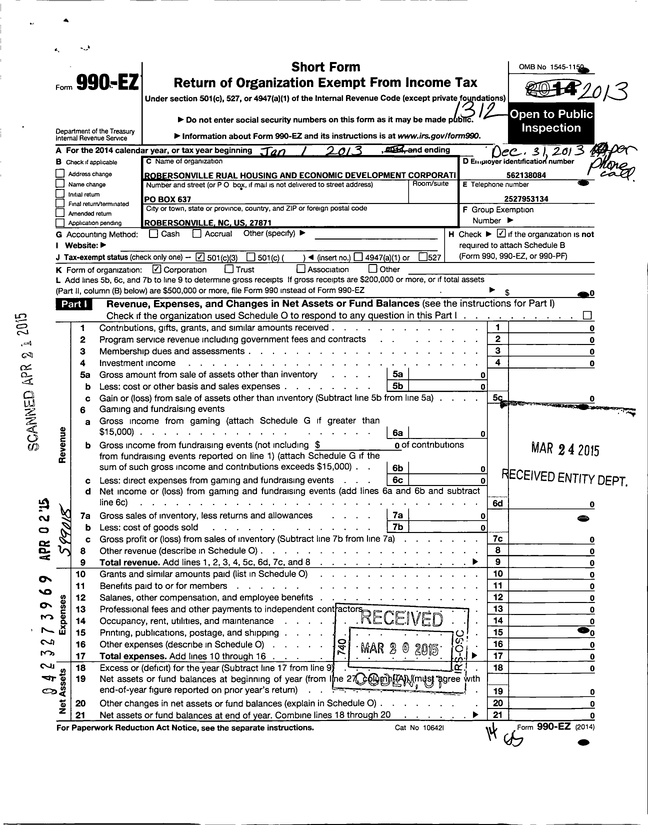 Image of first page of 2013 Form 990EZ for Robersonville Rural Housing and Economic Development Corporation