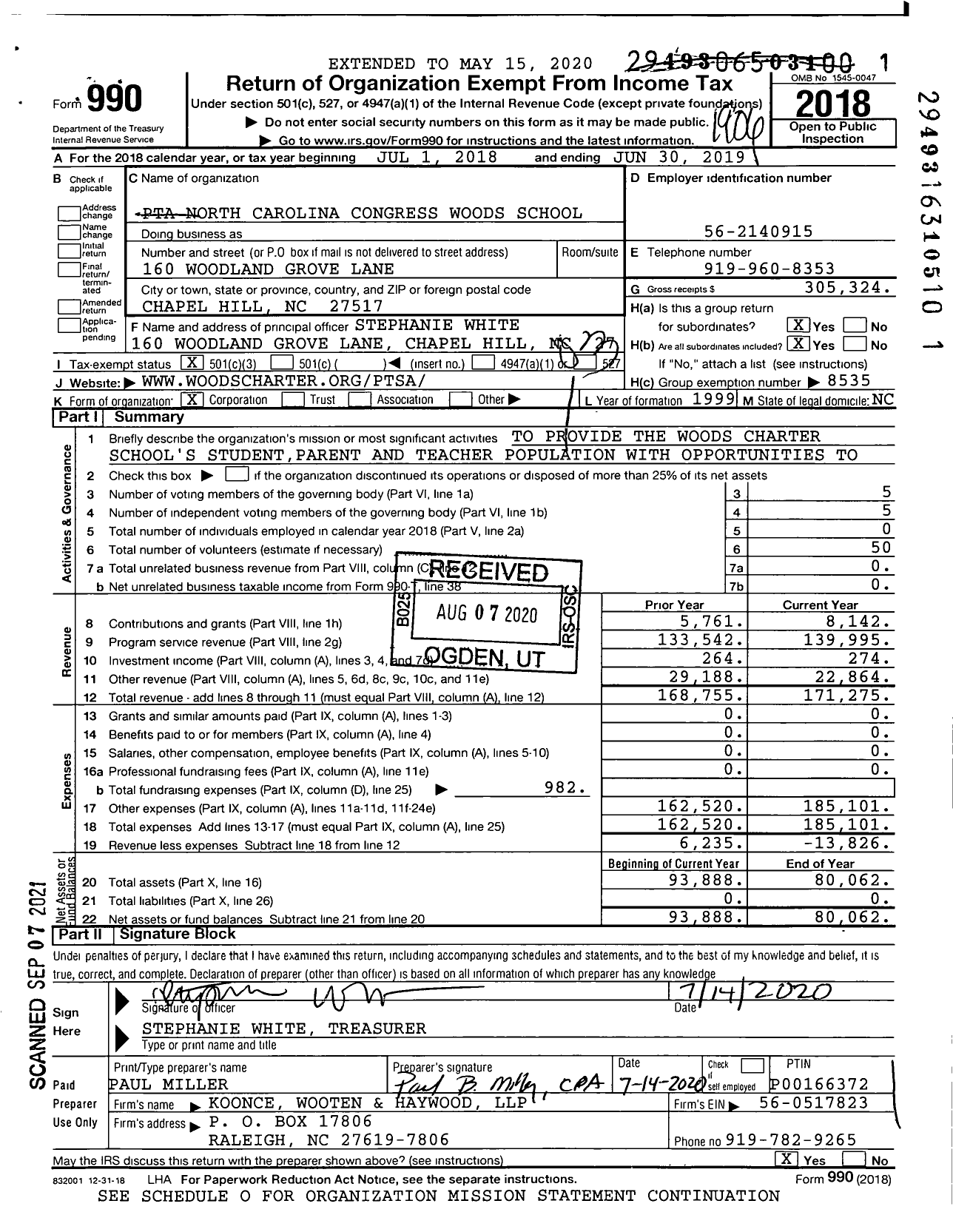 Image of first page of 2018 Form 990 for North Carolina PTA - Woods Charter School PTA