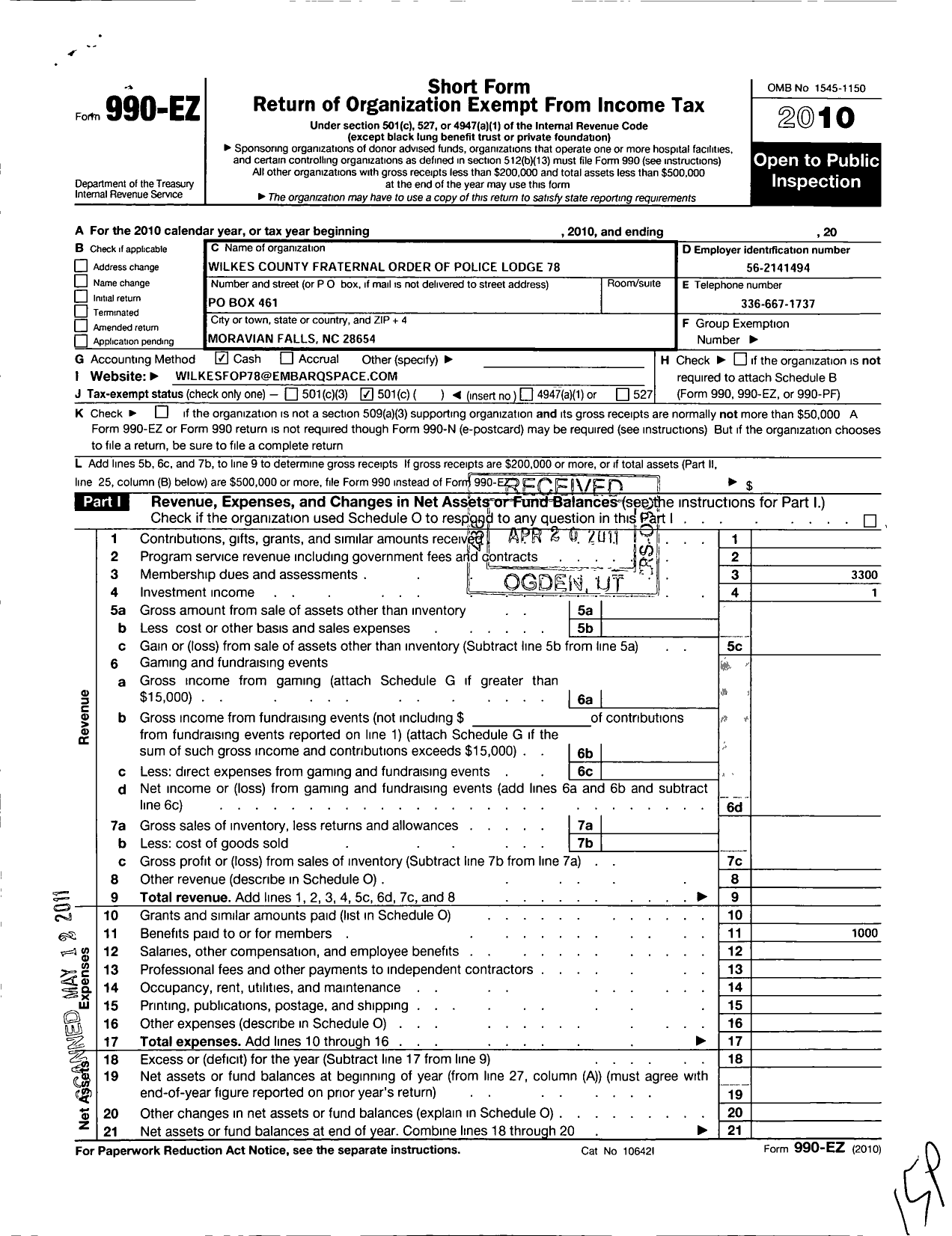 Image of first page of 2010 Form 990EO for Wilkes County Fraternal Order of Police Lodge 78