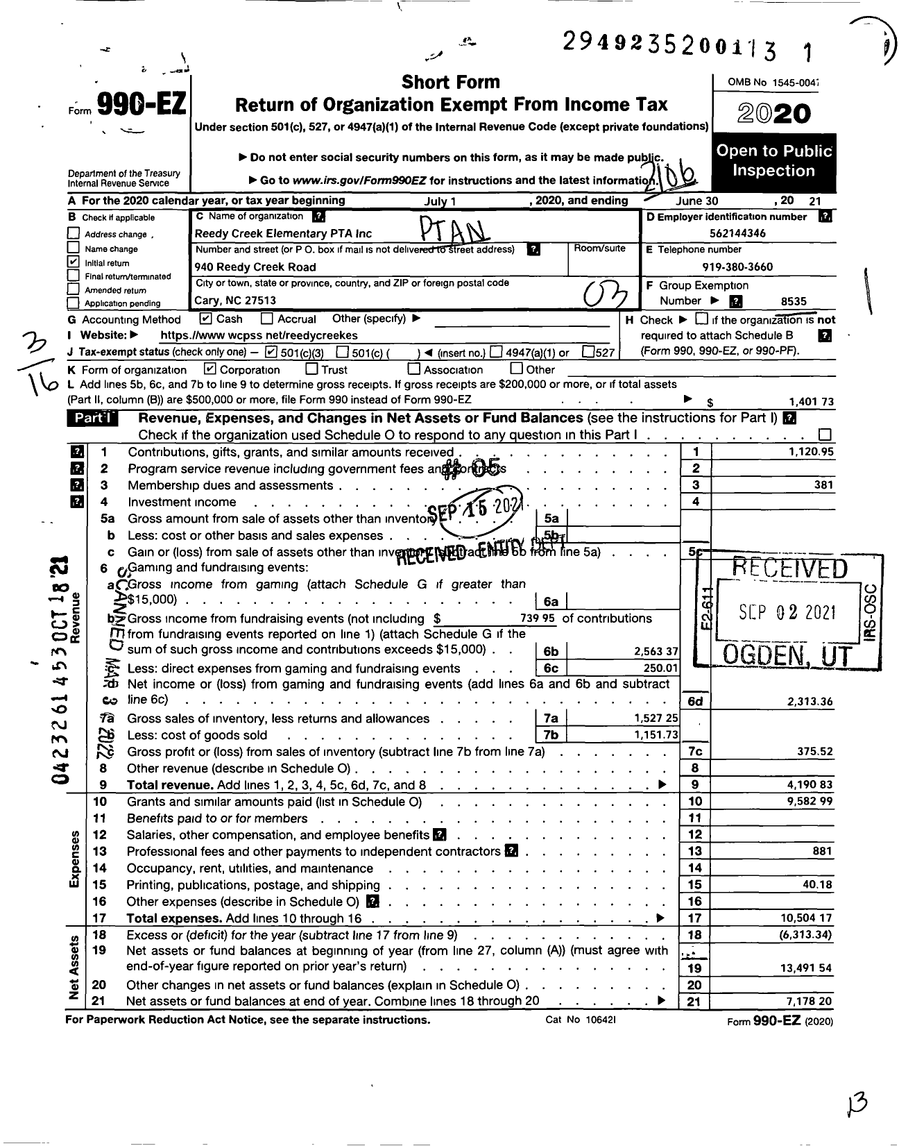 Image of first page of 2020 Form 990EZ for NORTH CAROLINA PTA - Reedy Creek Elementary PTA