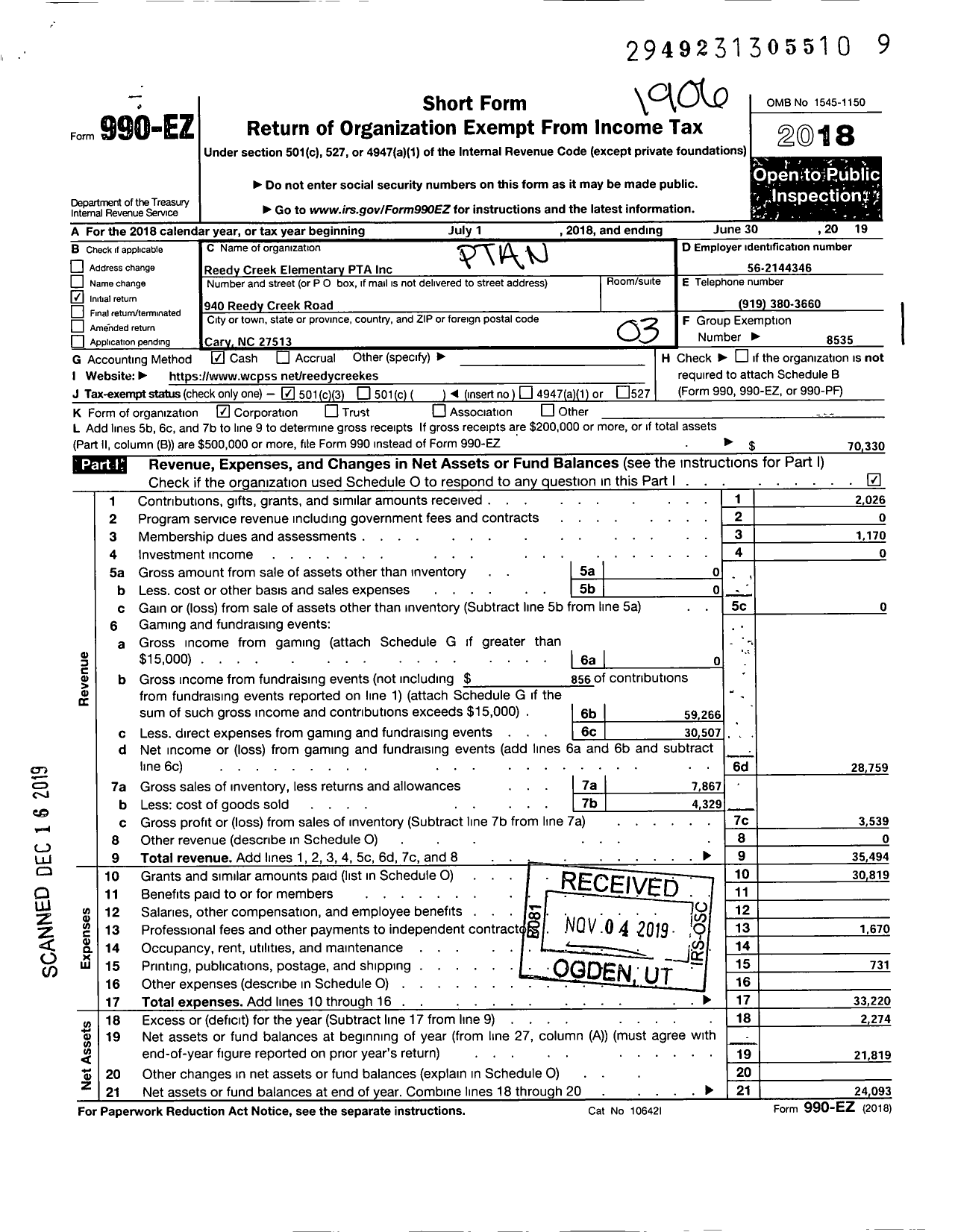 Image of first page of 2018 Form 990EZ for NORTH CAROLINA PTA - Reedy Creek Elementary PTA