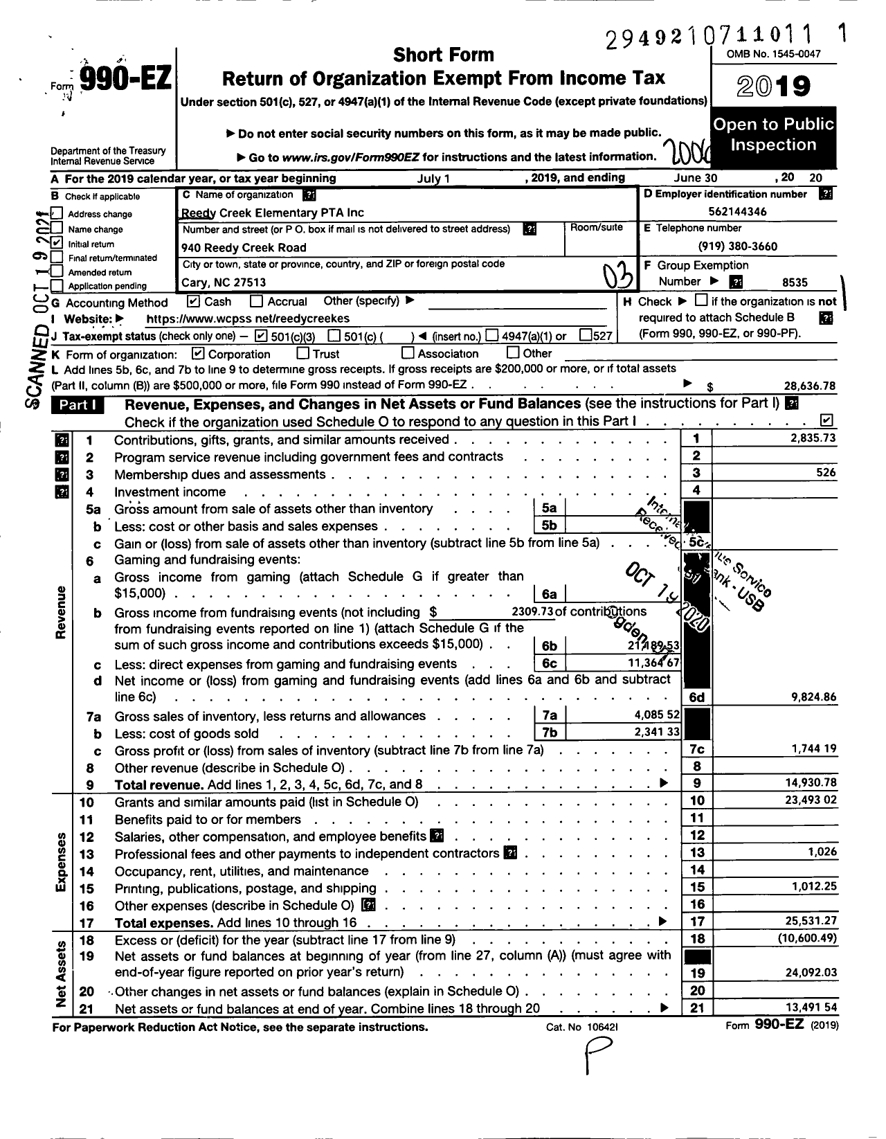 Image of first page of 2019 Form 990EZ for NORTH CAROLINA PTA - Reedy Creek Elementary PTA