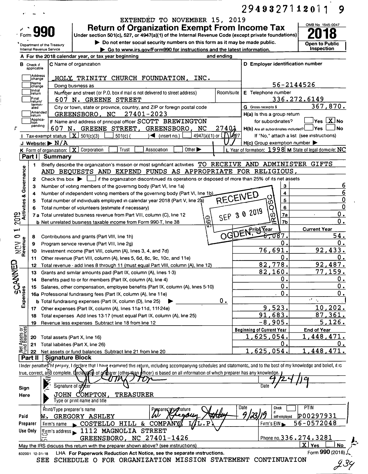 Image of first page of 2018 Form 990 for Holy Trinity Church Foundation