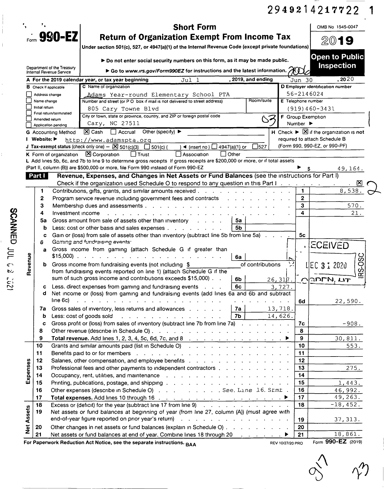 Image of first page of 2019 Form 990EZ for North Carolina PTA - Adams Year-round Elementary School