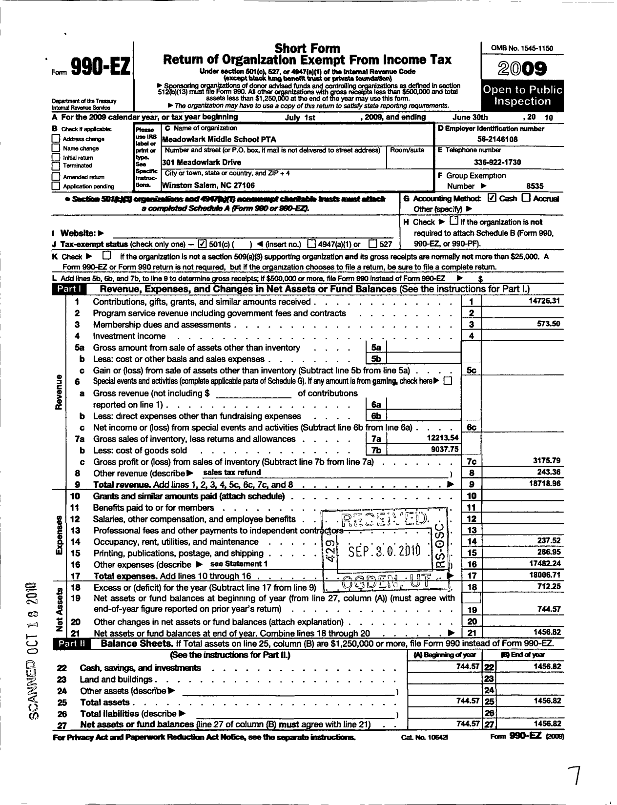 Image of first page of 2009 Form 990EO for North Carolina PTA - Meadowlark Middle School