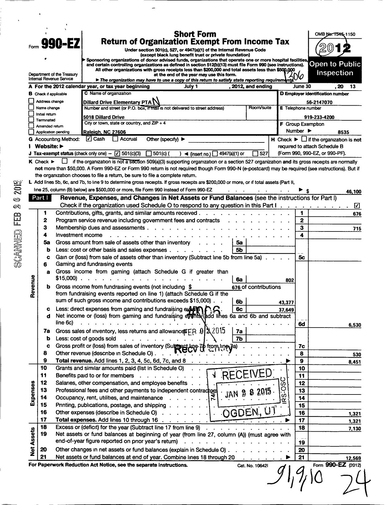 Image of first page of 2012 Form 990EZ for North Carolina PTA - Dillard Drive Elementary School PTA