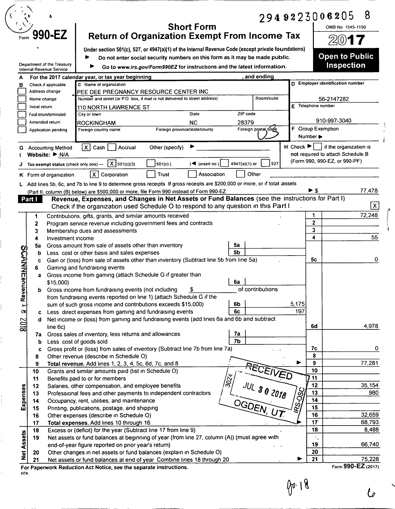 Image of first page of 2017 Form 990EZ for Pee Dee Pregnancy Resource Center