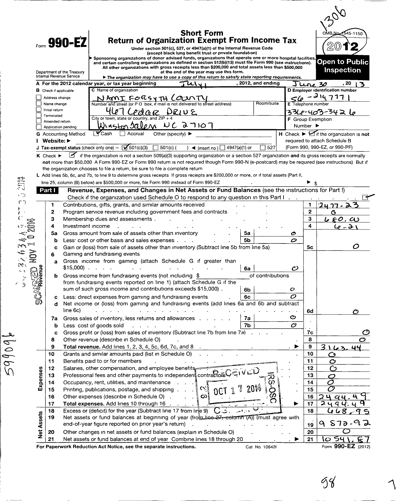 Image of first page of 2012 Form 990EZ for Nami NW Piedmont NC