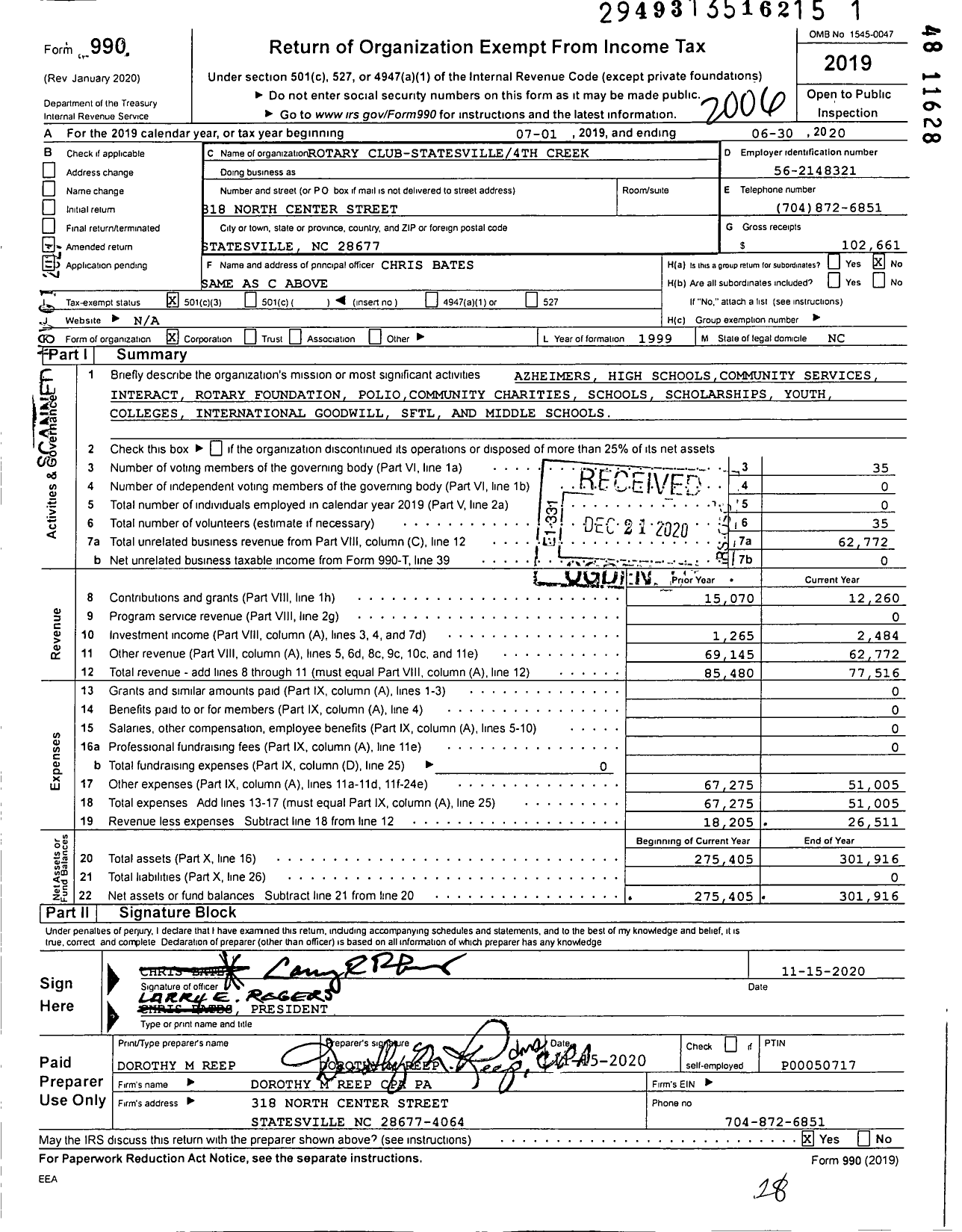 Image of first page of 2019 Form 990 for Rotary International - Care of Dorothy M Reep