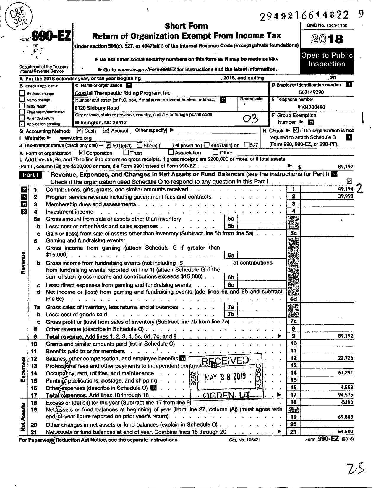 Image of first page of 2018 Form 990EZ for Coastal Therapeutic Riding Program