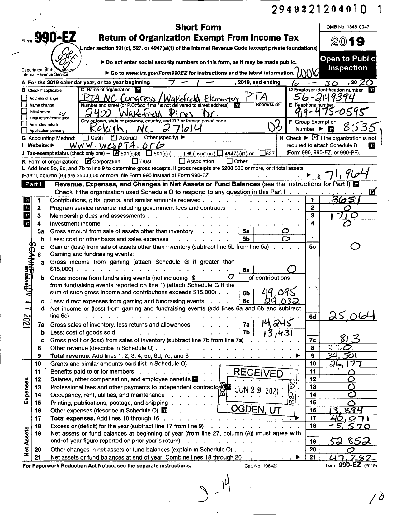 Image of first page of 2019 Form 990EZ for North Carolina PTA - Wakefield Elementary PTA