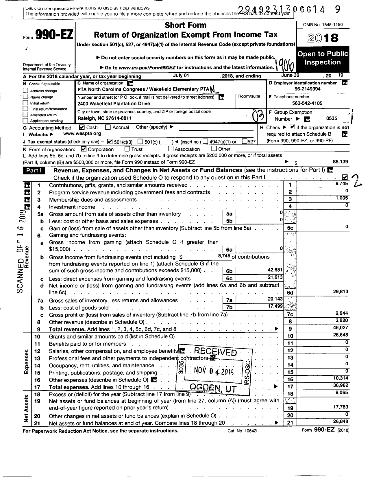 Image of first page of 2018 Form 990EZ for North Carolina PTA - Wakefield Elementary PTA