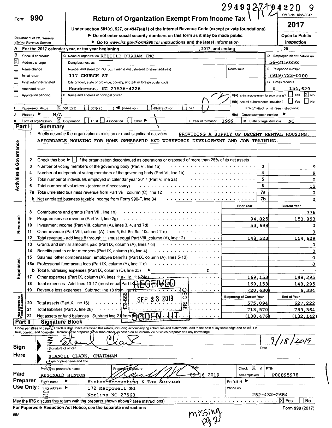 Image of first page of 2017 Form 990 for Rebuild Durham