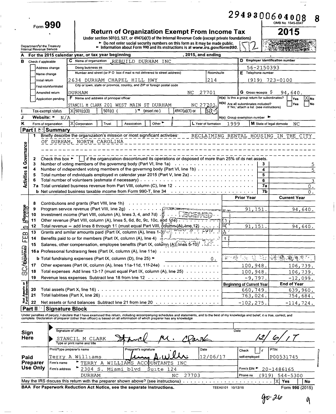 Image of first page of 2015 Form 990 for Rebuild Durham