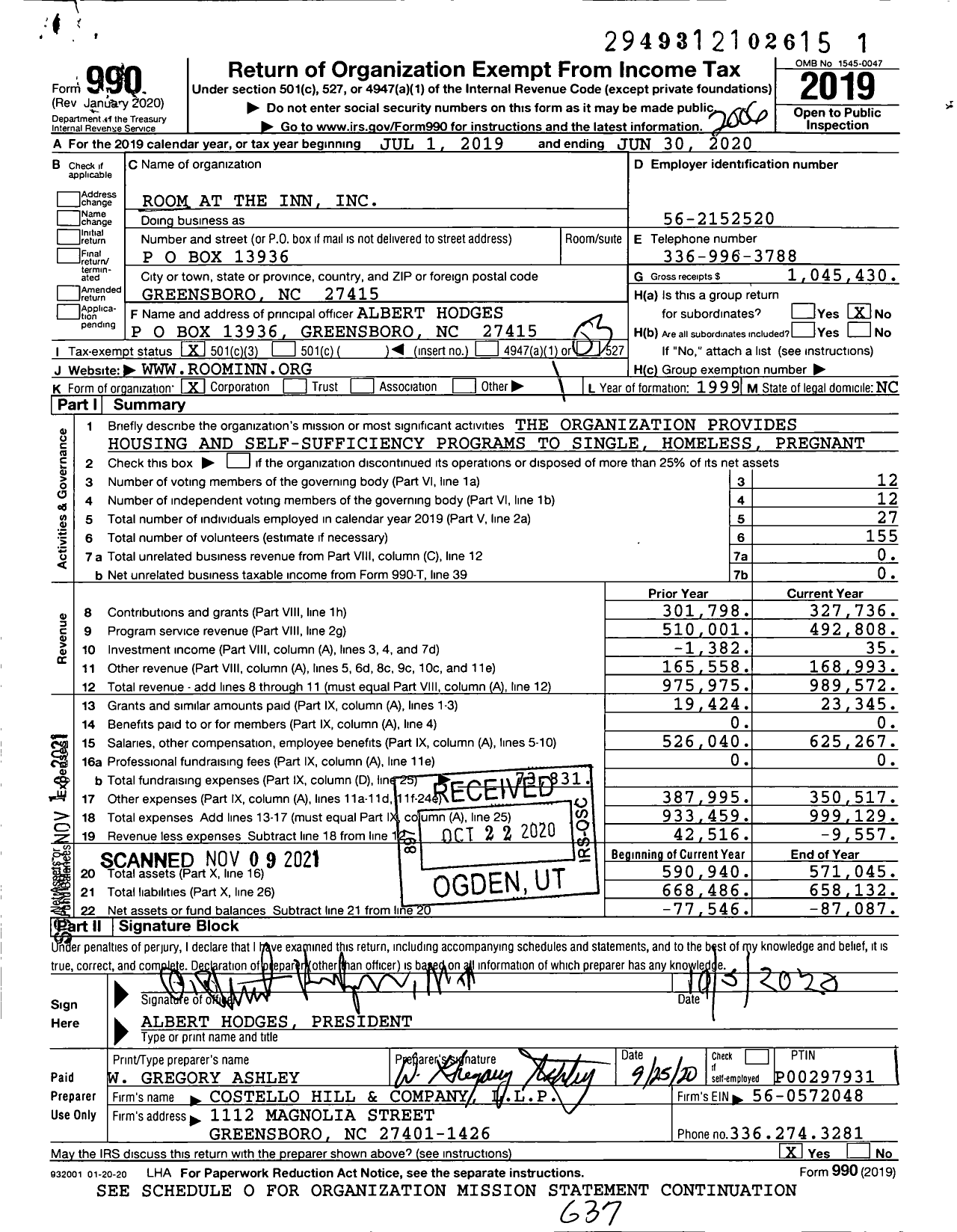 Image of first page of 2019 Form 990 for Room at the Inn