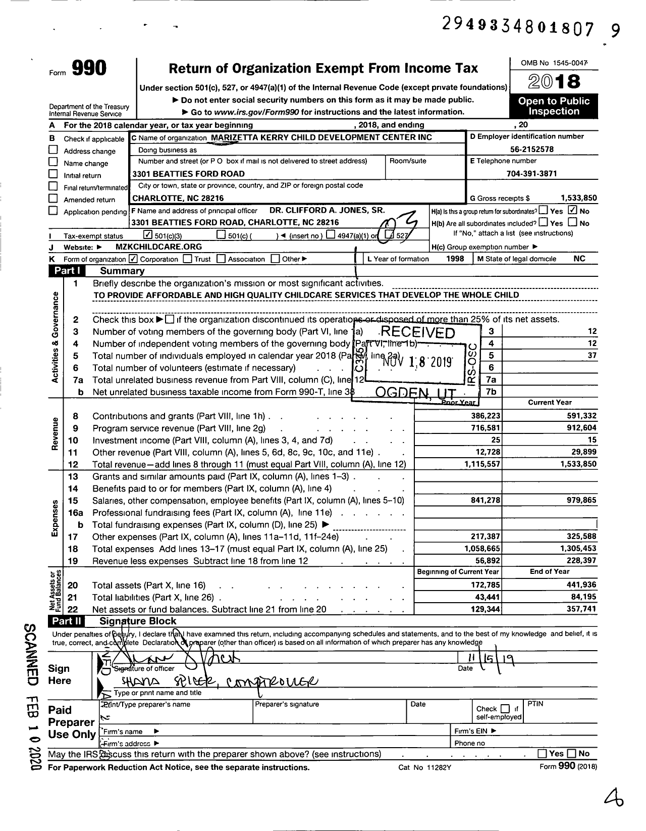 Image of first page of 2018 Form 990 for Marizetta Kerry Child Development Center