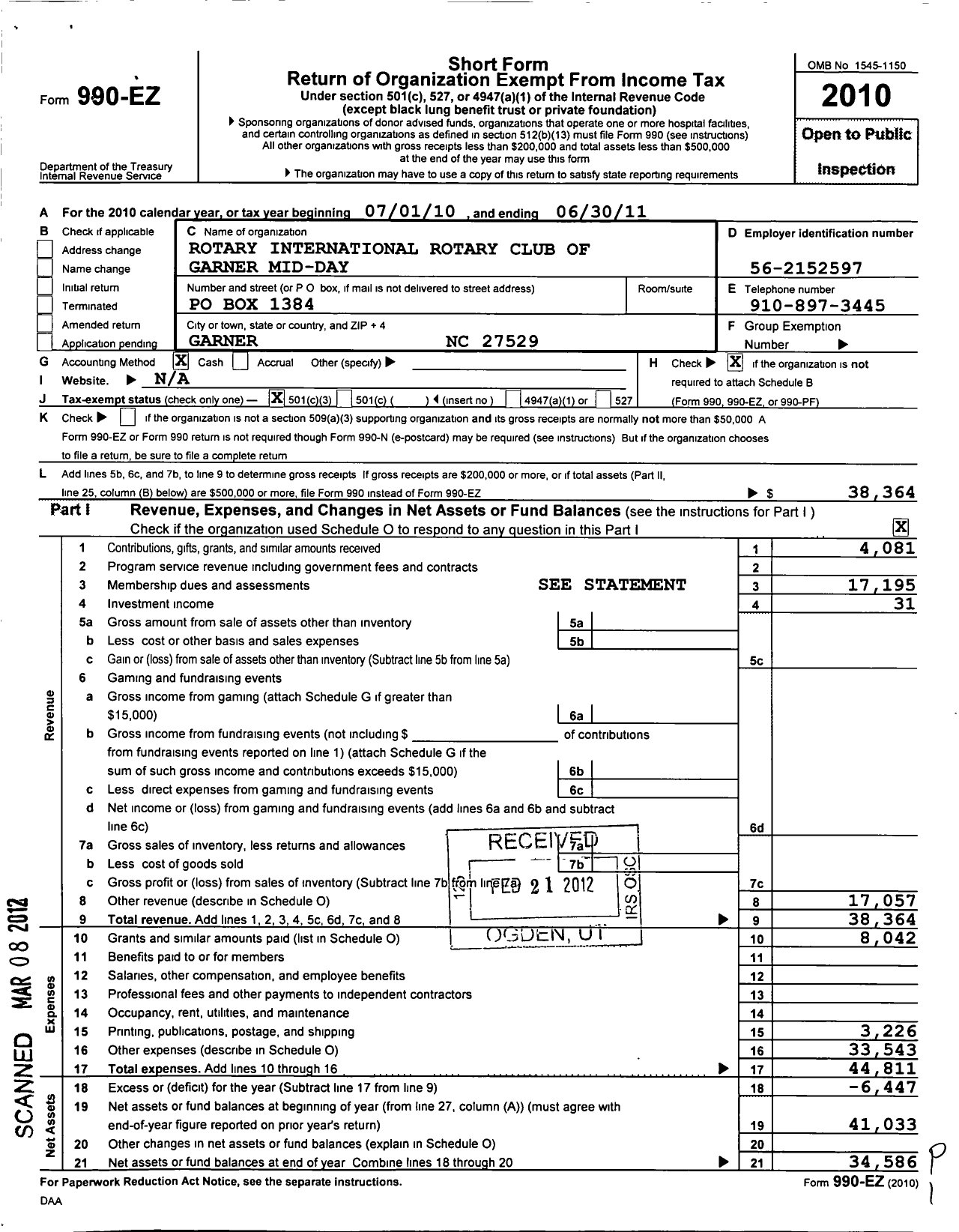 Image of first page of 2010 Form 990EZ for Rotary International - Rotary Club of Garner Mid-Day NC