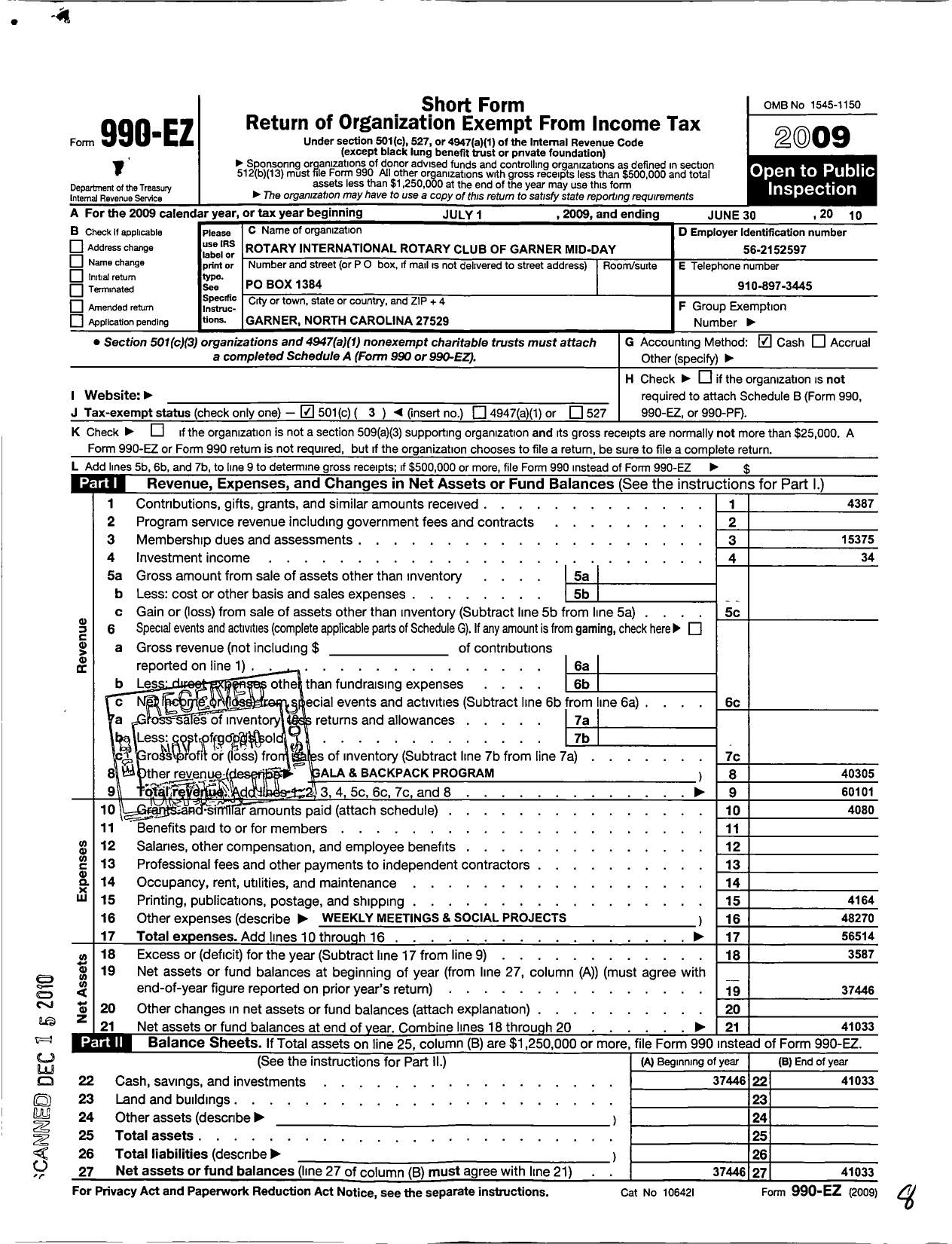 Image of first page of 2009 Form 990EZ for Rotary International - Rotary Club of Garner Mid-Day NC