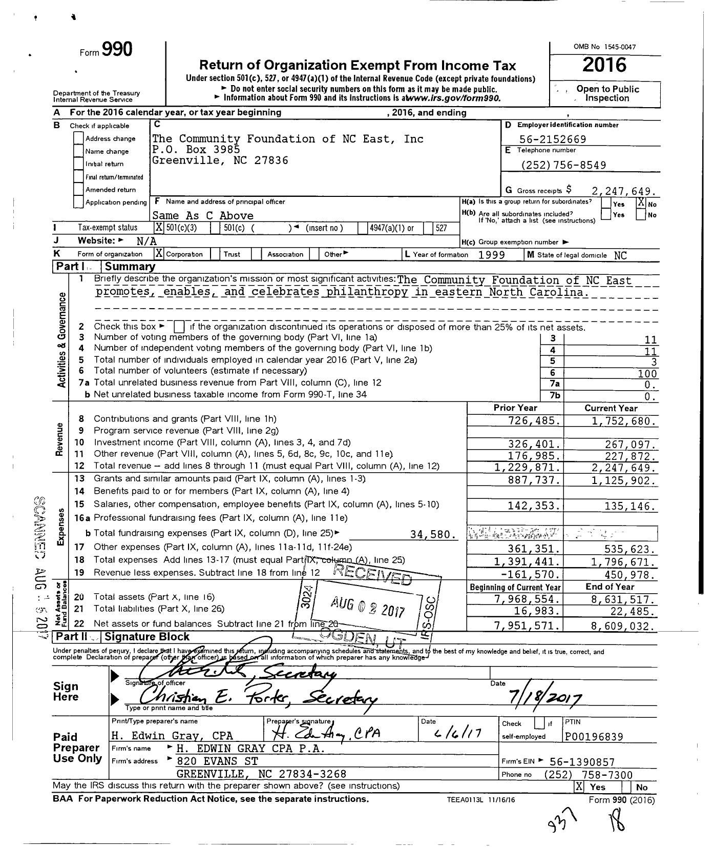 Image of first page of 2016 Form 990 for The Community Foundation of NC East