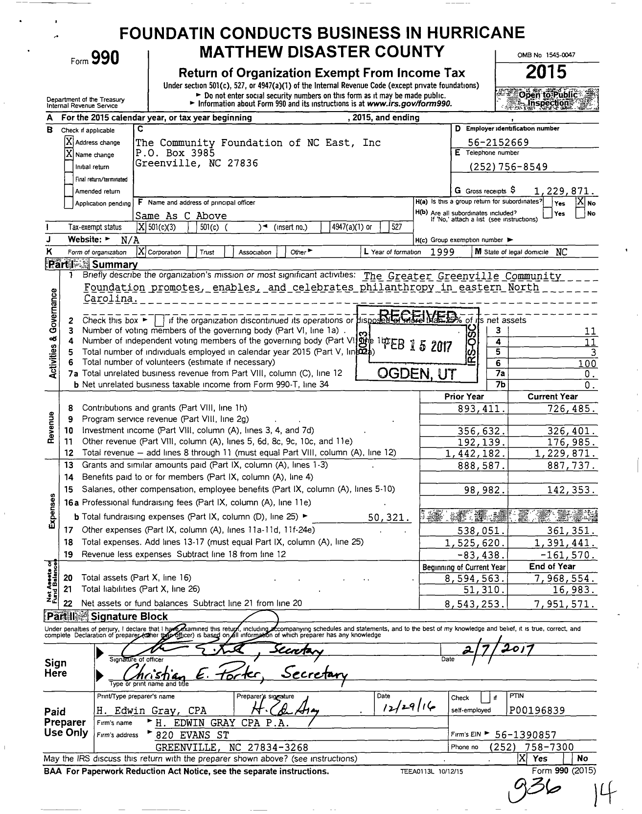 Image of first page of 2015 Form 990 for The Community Foundation of NC East