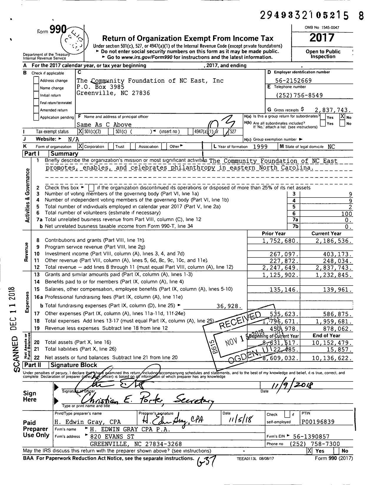 Image of first page of 2017 Form 990 for The Community Foundation of NC East