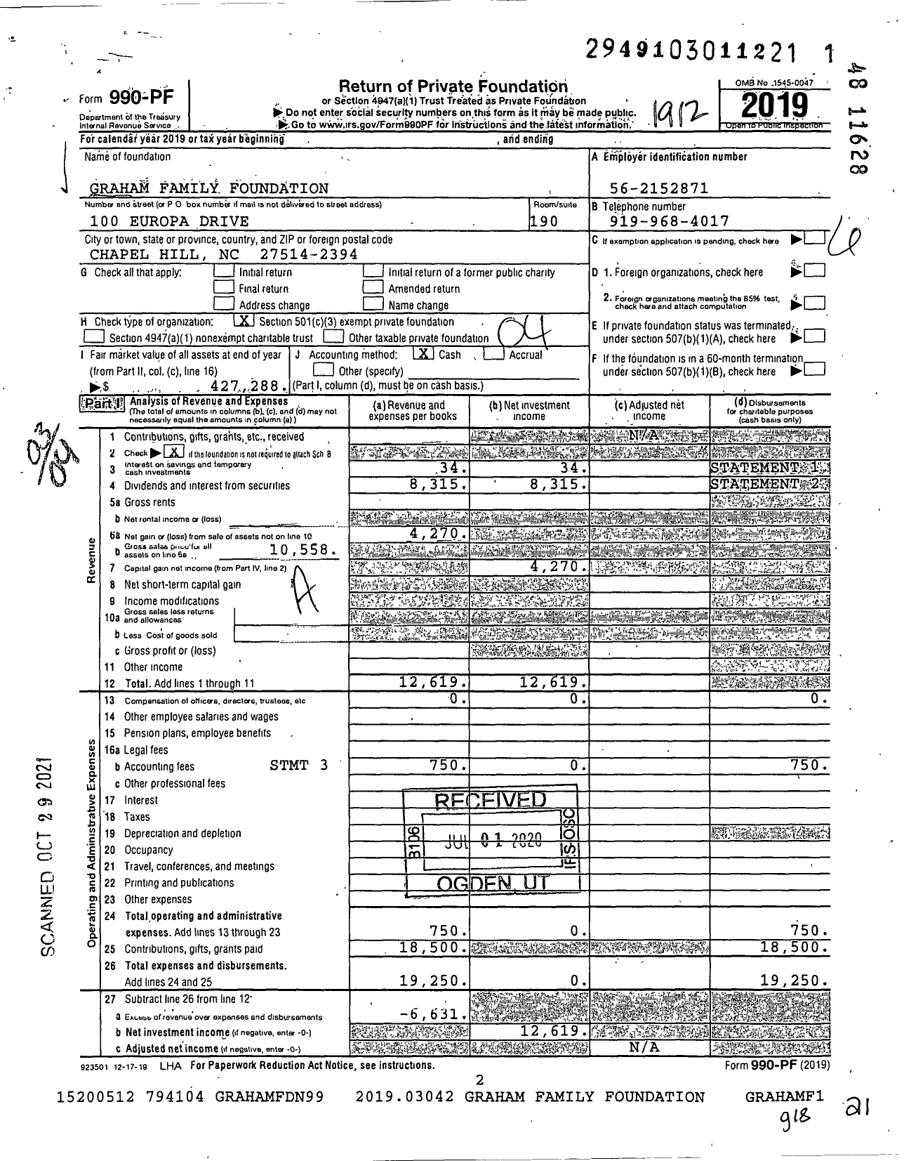 Image of first page of 2019 Form 990PF for Graham Family Foundation