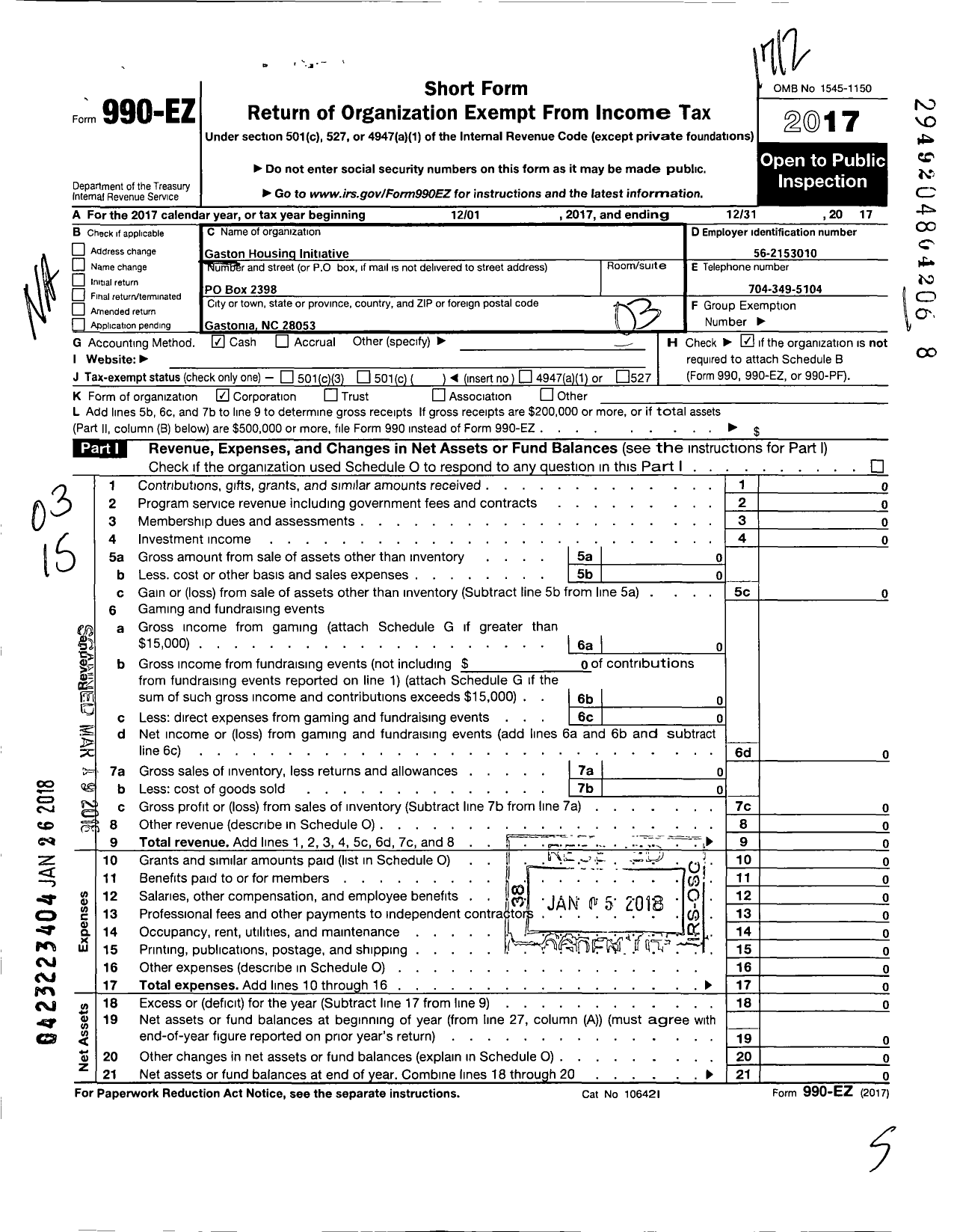 Image of first page of 2017 Form 990EZ for Gaston Housing Initiative