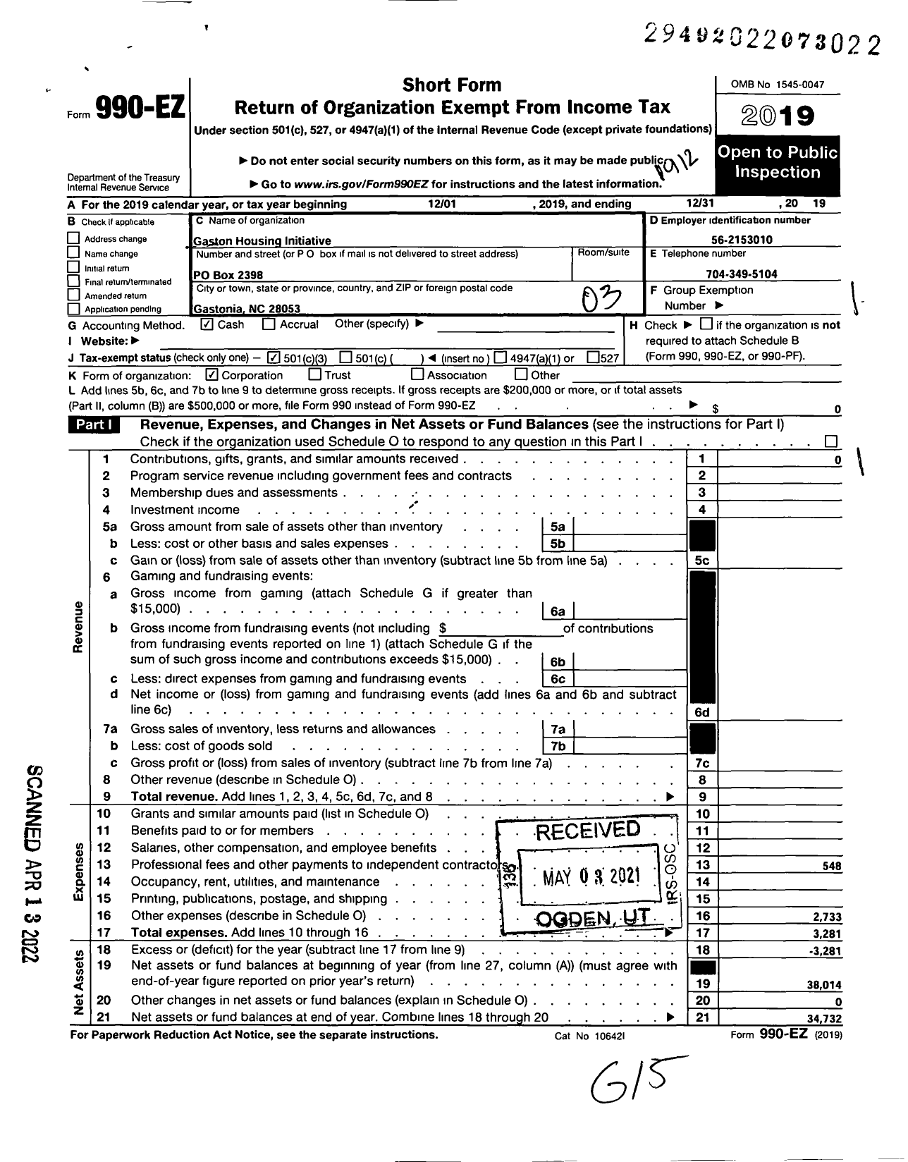 Image of first page of 2019 Form 990EZ for Gaston Housing Initiative