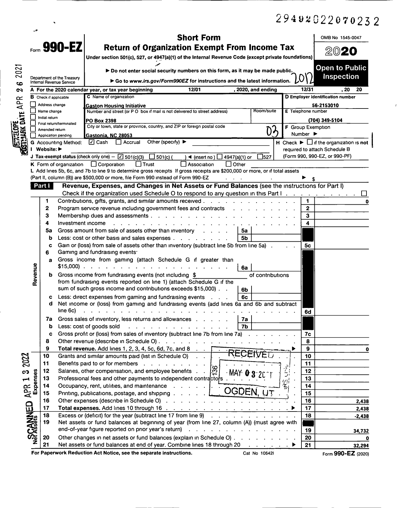 Image of first page of 2020 Form 990EZ for Gaston Housing Initiative