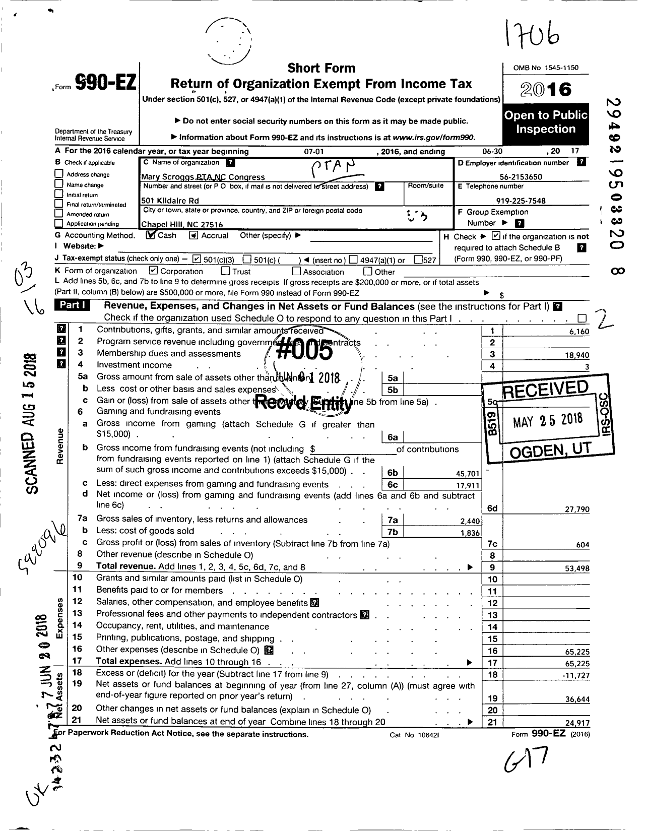 Image of first page of 2016 Form 990EZ for North Carolina PTA - Mary Scroggs Elementary School PTA