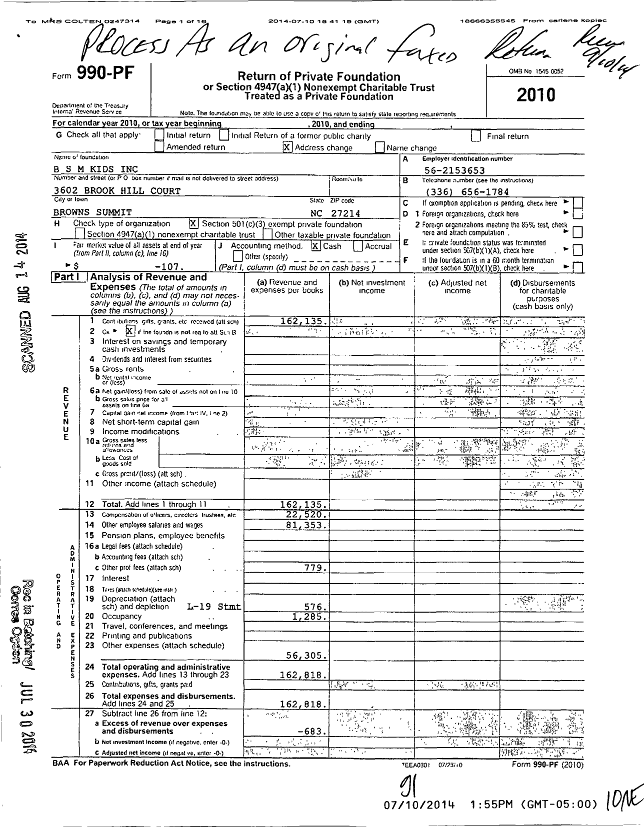 Image of first page of 2010 Form 990PF for B S M Kids