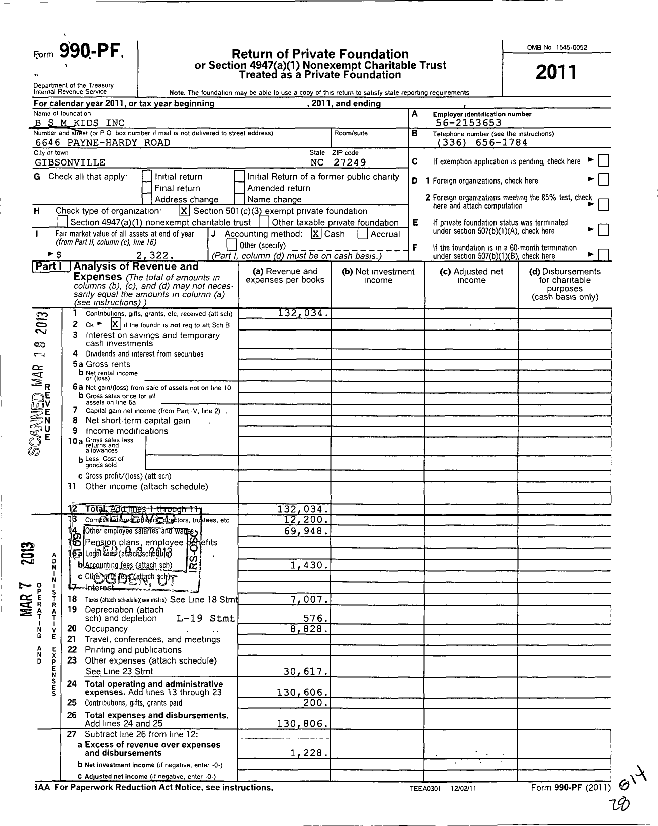 Image of first page of 2011 Form 990PF for B S M Kids