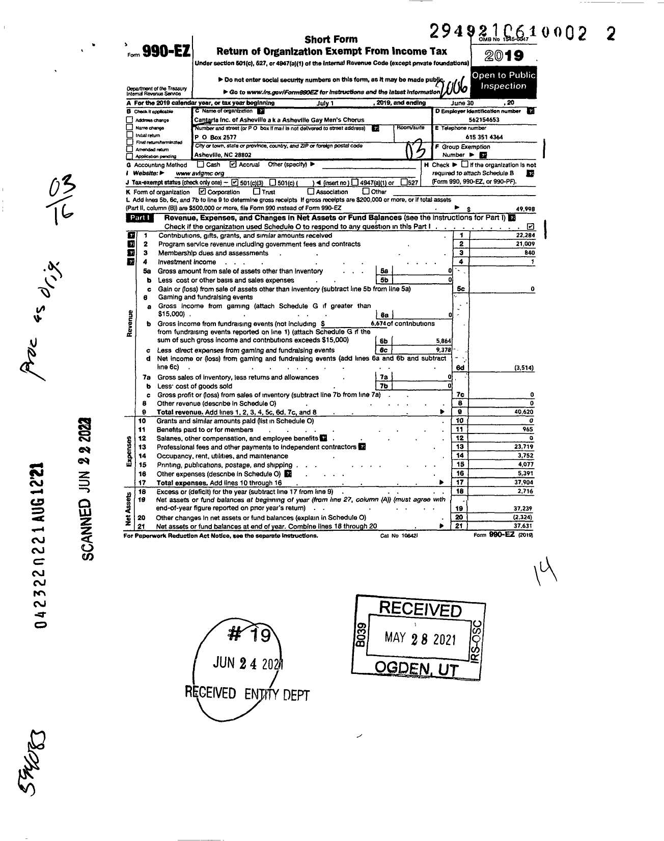 Image of first page of 2019 Form 990EZ for Cantaria of Asheville