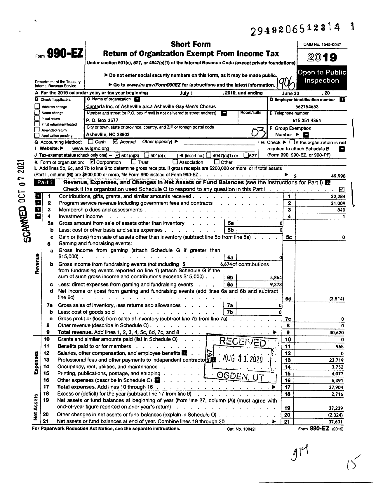 Image of first page of 2018 Form 990EZ for Cantaria of Asheville