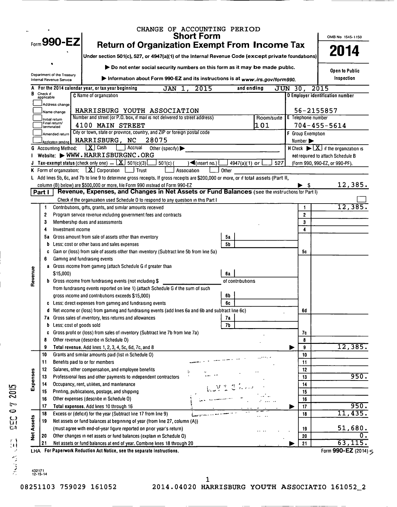 Image of first page of 2014 Form 990EZ for Harrisburg Community and Youth Association