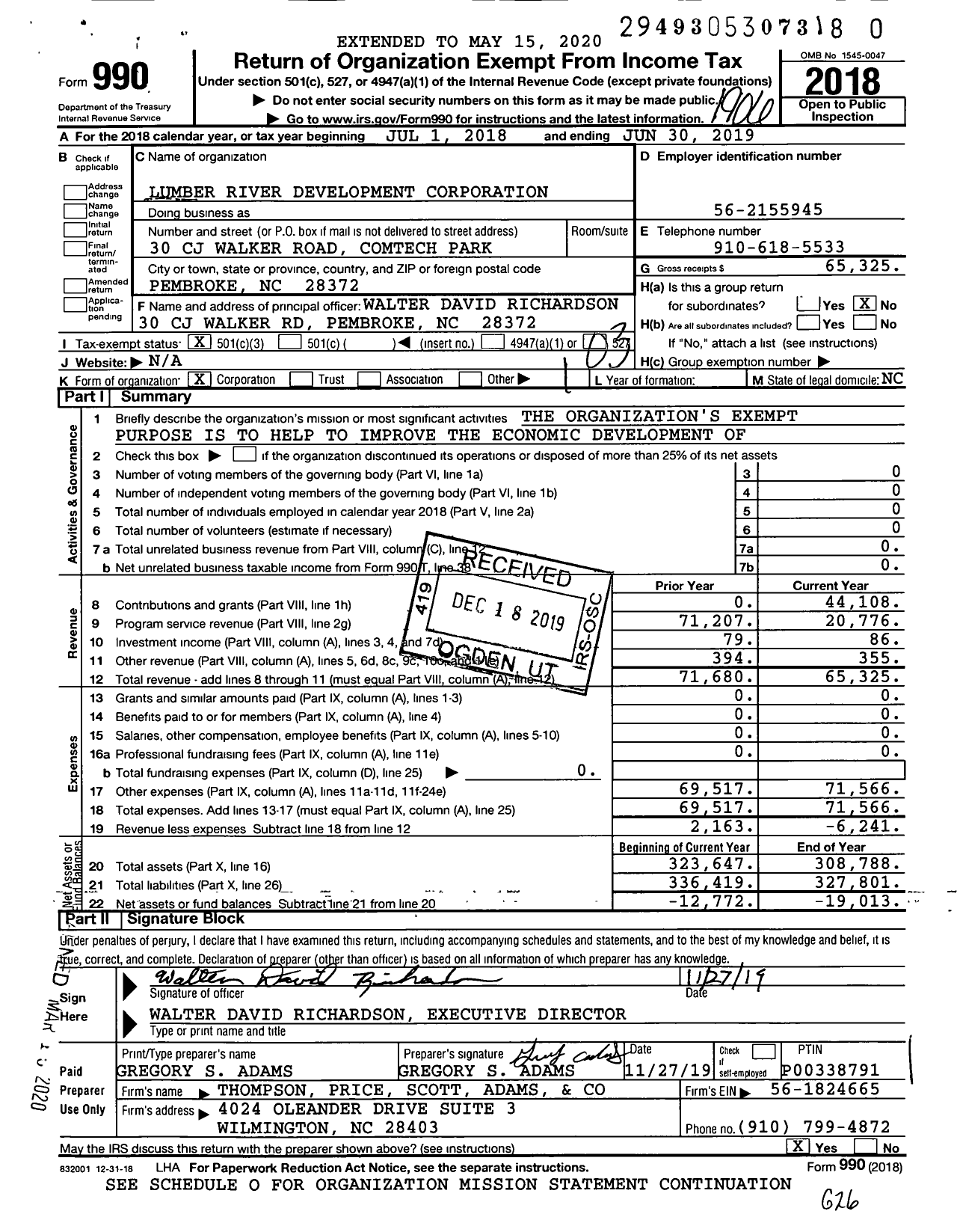 Image of first page of 2018 Form 990 for Lumber River Development Corporation