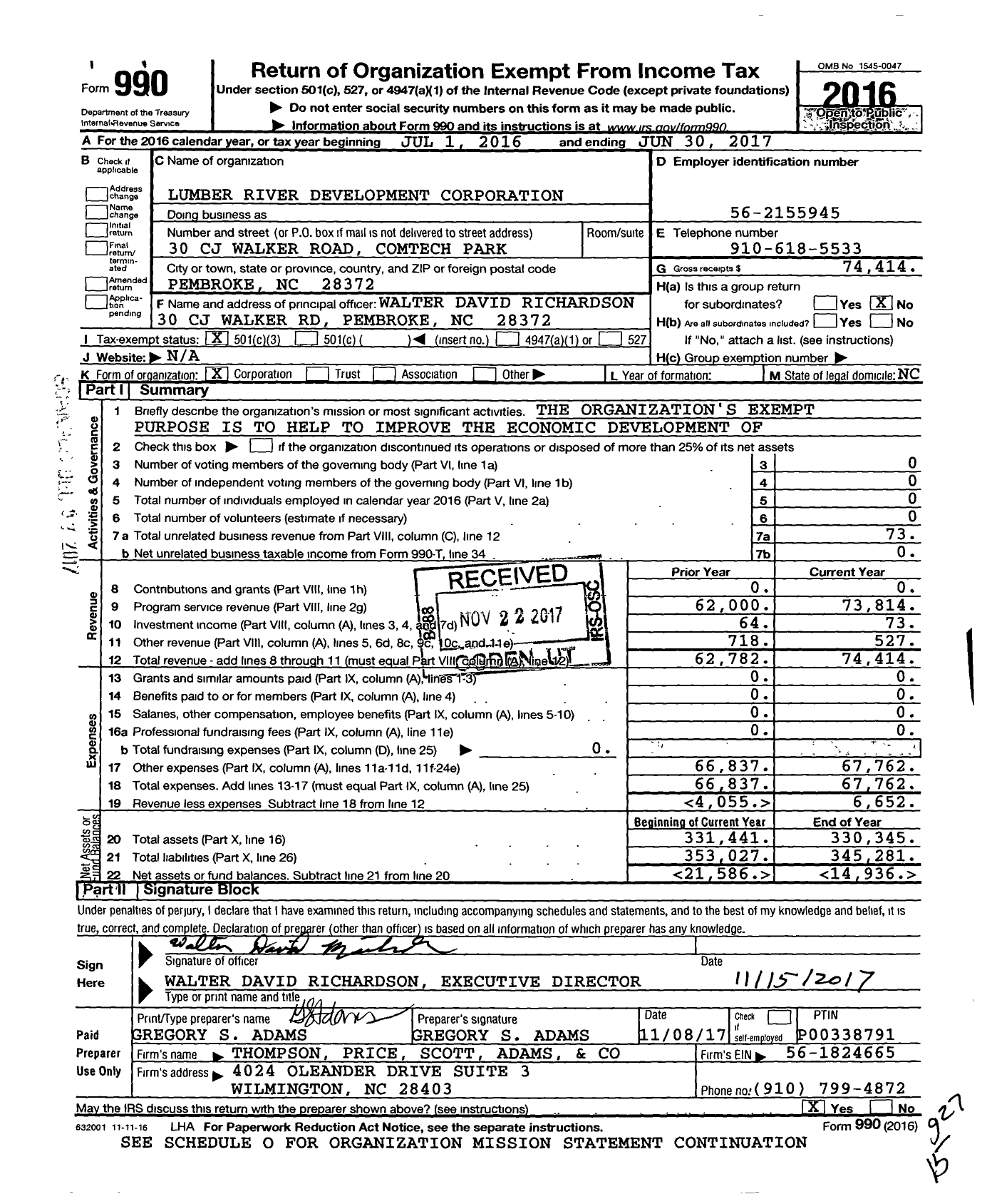 Image of first page of 2016 Form 990 for Lumber River Development Corporation