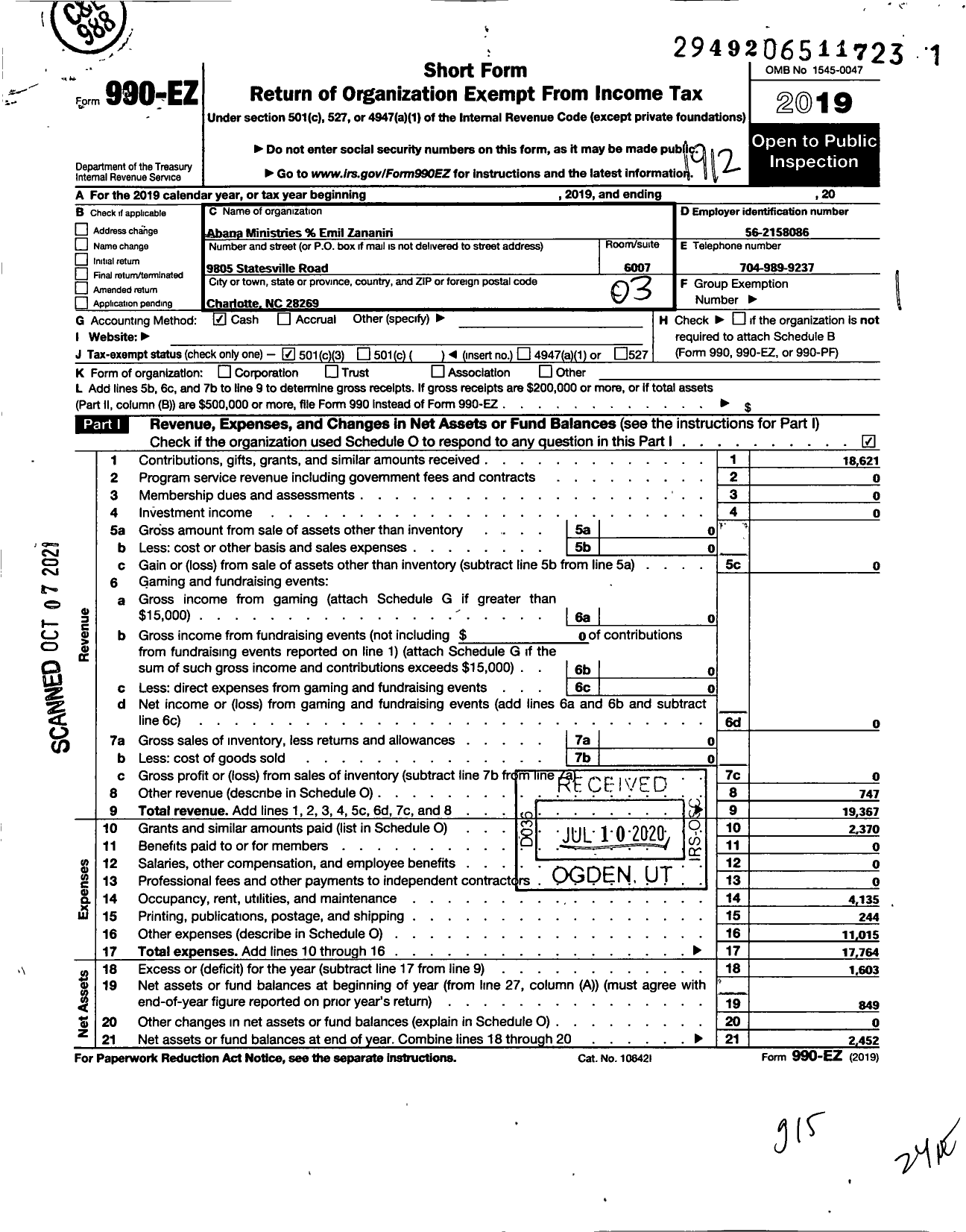 Image of first page of 2019 Form 990EZ for Abana Ministries