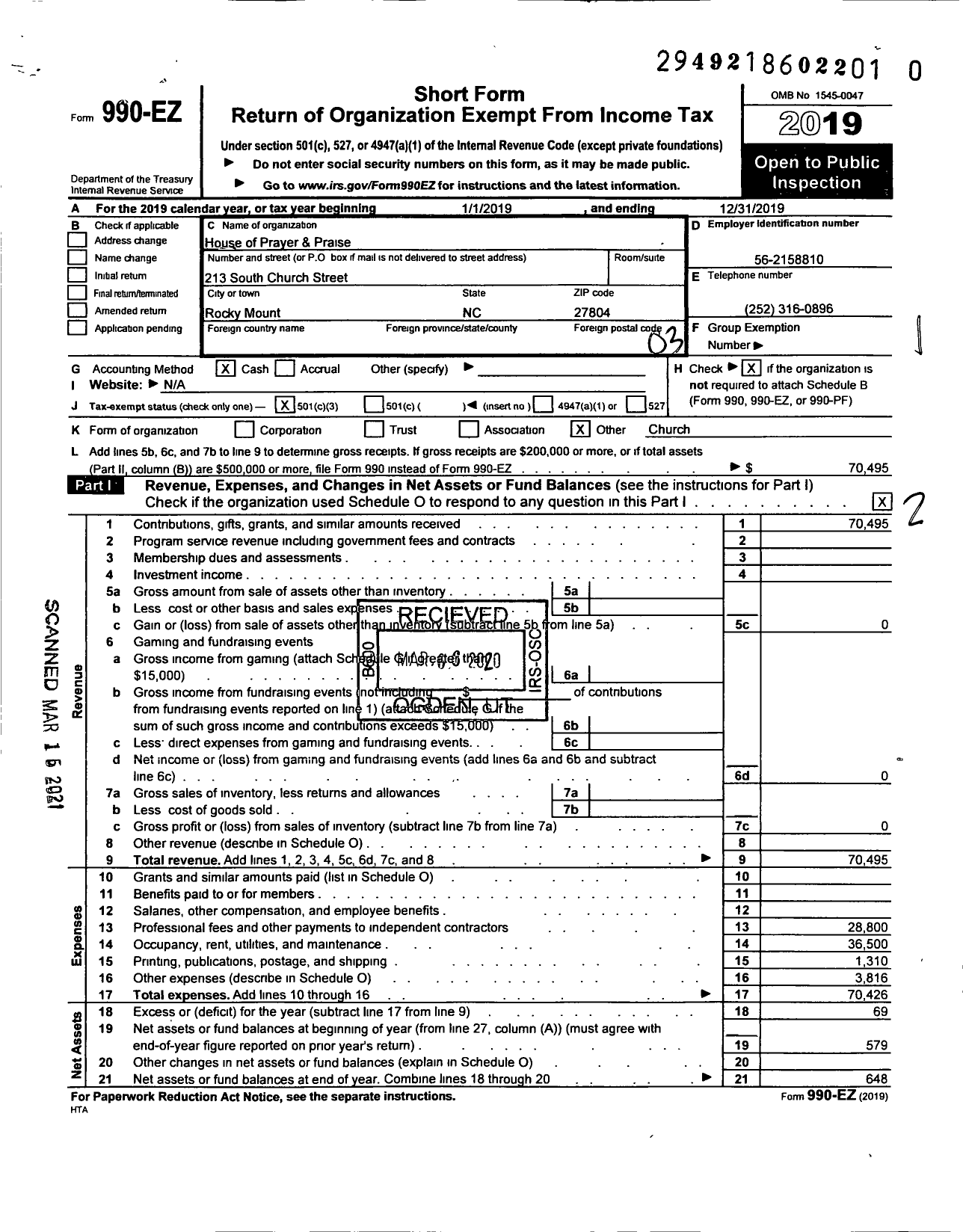 Image of first page of 2019 Form 990EZ for House of Prayer and Praise