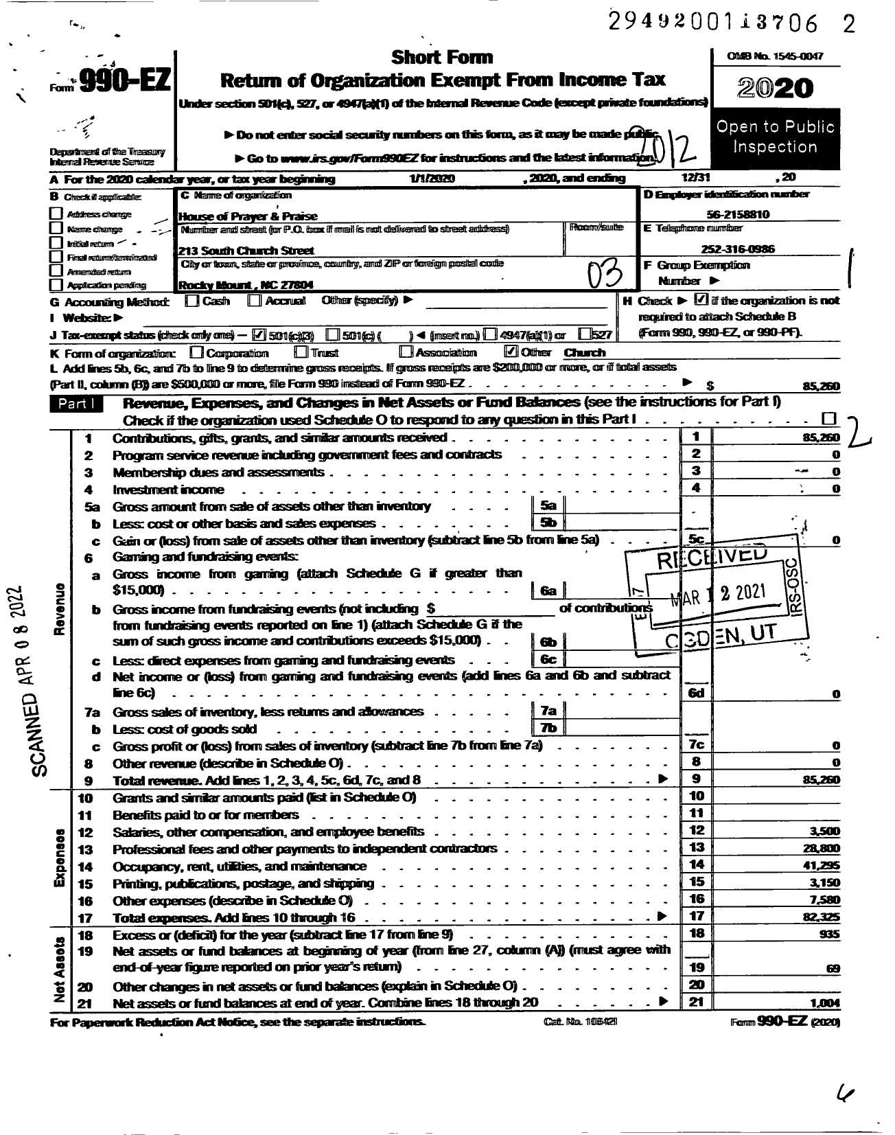 Image of first page of 2020 Form 990EZ for House of Prayer and Praise