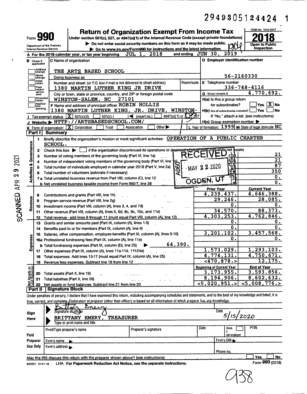 Image of first page of 2018 Form 990 for The Arts Based School