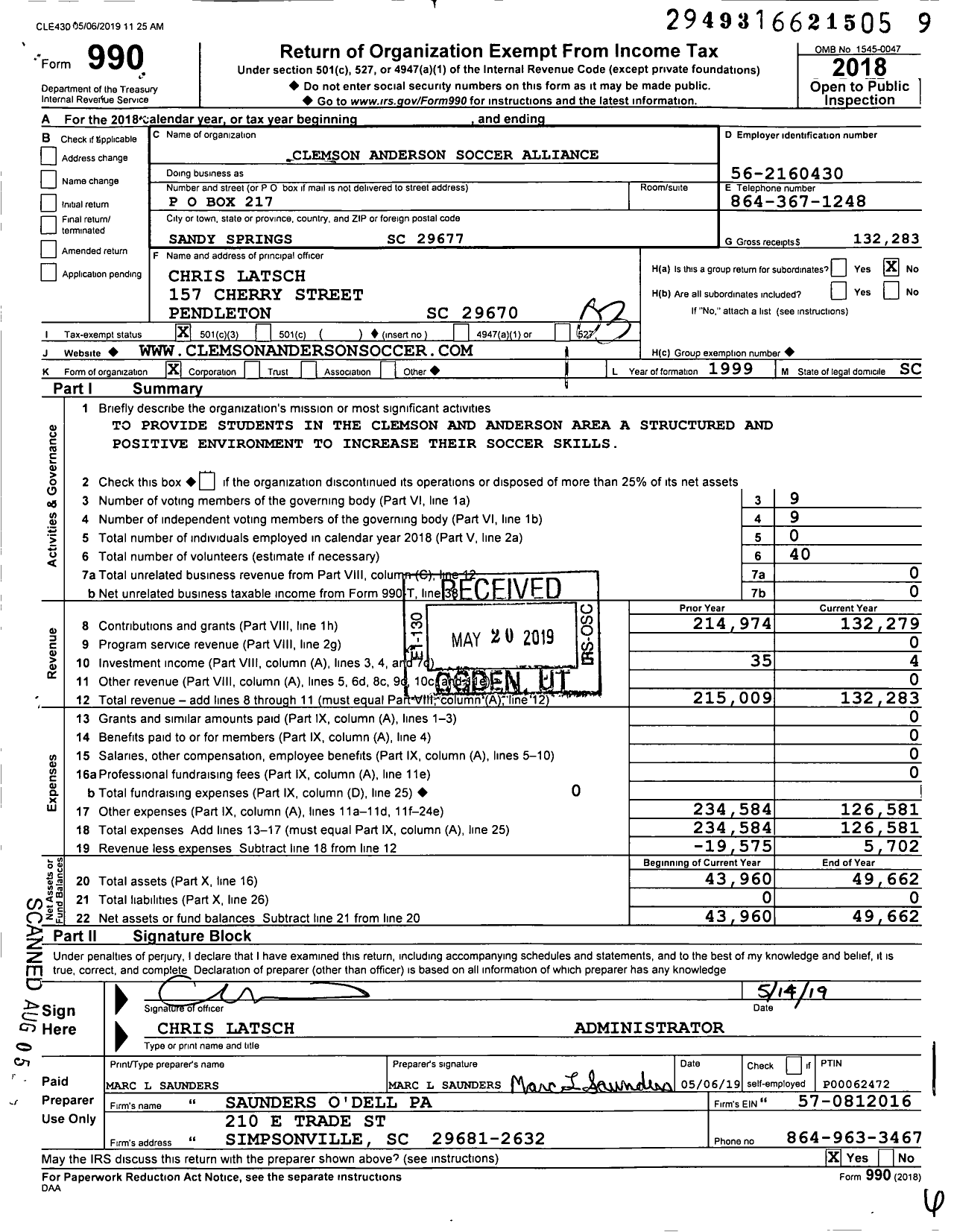 Image of first page of 2018 Form 990 for Clemson Anderson Soccer Alliance